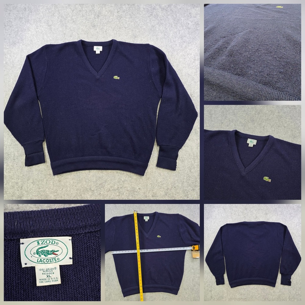 Vintage Izod Lacoste Sweater Mens XL Blue V Neck Knit Pullover Crocodile Logo